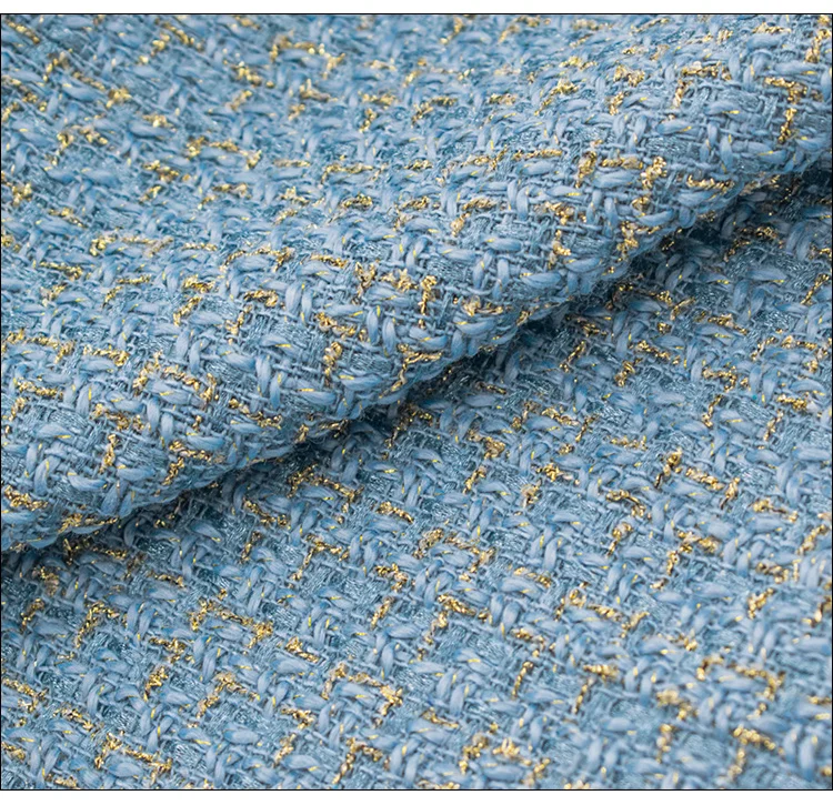 Blue Gold Wire Plaid Weave Tweed Fabric For Coat Skirt Tissus Au Mètre Telas Por Metro Tкань для шитья Tissu Sewing Tela Tecido