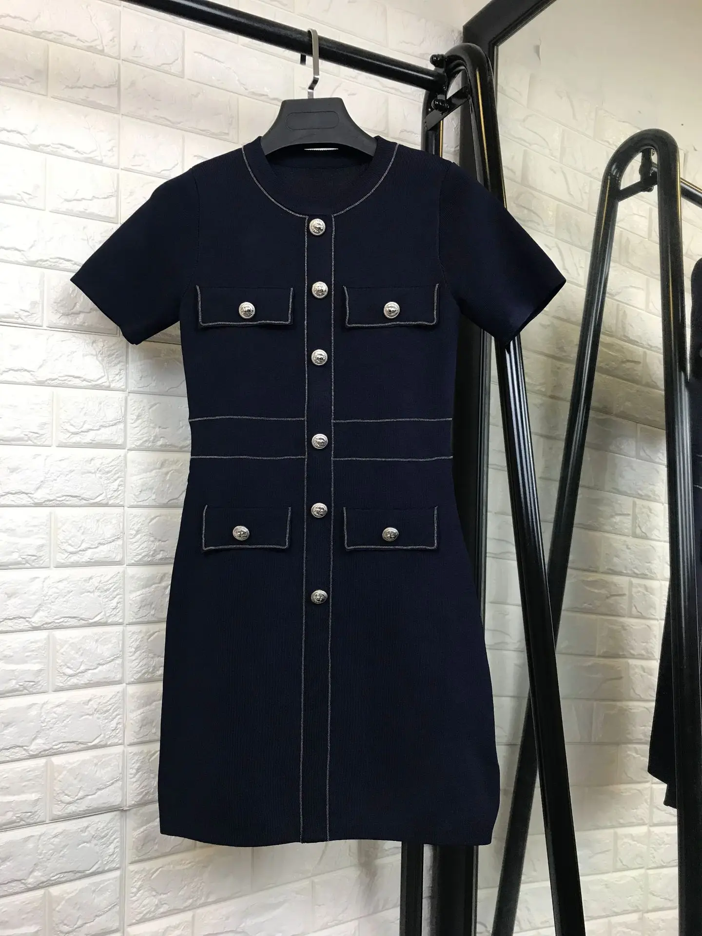 Dark blue Осеннее женское платье-свитер Женская Тонкий однобортная одежда с короткими рукавами, вязаные платья - Цвет: Dark blue