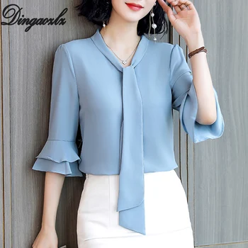 

Dingaozlz Elegant Chiffon Tops Female Bow tie Summer White Women shirt Korean fashion Flare sleeve OL Blouse