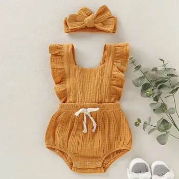 

Baby Summer Clothing Newborn Baby Girls Sleeveless Bow Clothes Solid Rompers Ruffled Bodysuit Headband 2PCS Outfits