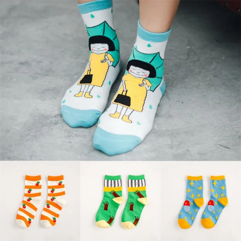 Осень Зима японский Харадзюку Хлопковые женские Носки с рисунком дышащие дезодорирующие носки повседневные дикие женские носки белые