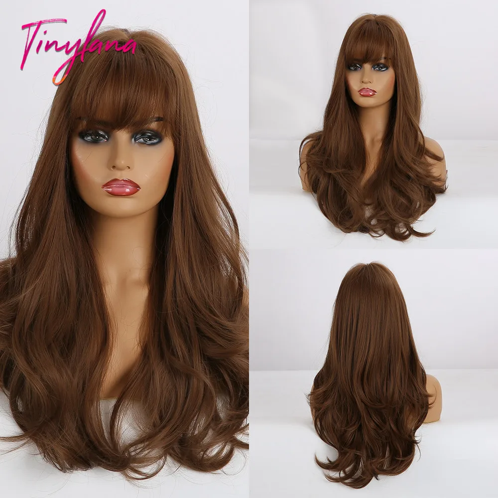

TINY LANA Synthetic Hair Wig with Bangs Long Wavy Brown Wigs Heat Resistant wig Fiber for Black Women Cosplay Natural Party Wigs