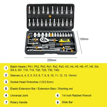 

46x Spanner Socket Screwdriver 1/4\\\" Ratchet Wrench Extension Rod Box Repair Tool