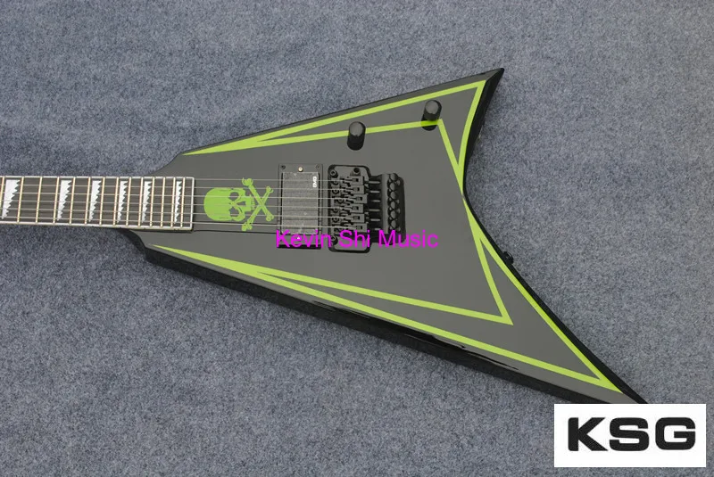 Custom shop Alexi Laiho Гитары зелеными краями cobhc v-образной формы Гитары Череп Топ KSG Кевин shi Гитары s тремоло Floyd Rose