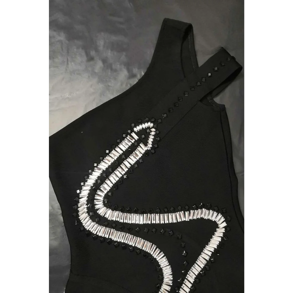 Sexyboutique Новое Женское Бандажное платье на одно плечо черное с бисером сексуальное Клубное платье Мини вечернее платье в стиле знаменитостей ручной работы