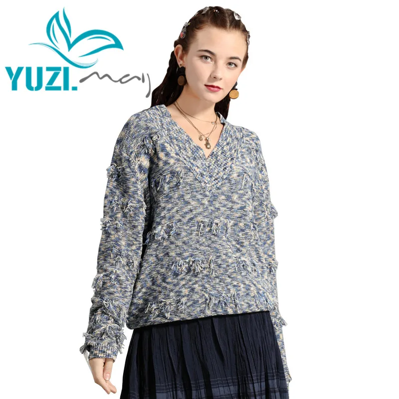 Свитер женский из хлопка и шерсти Yuzi.may Boho Свободный пуловер с V-образным вырезом