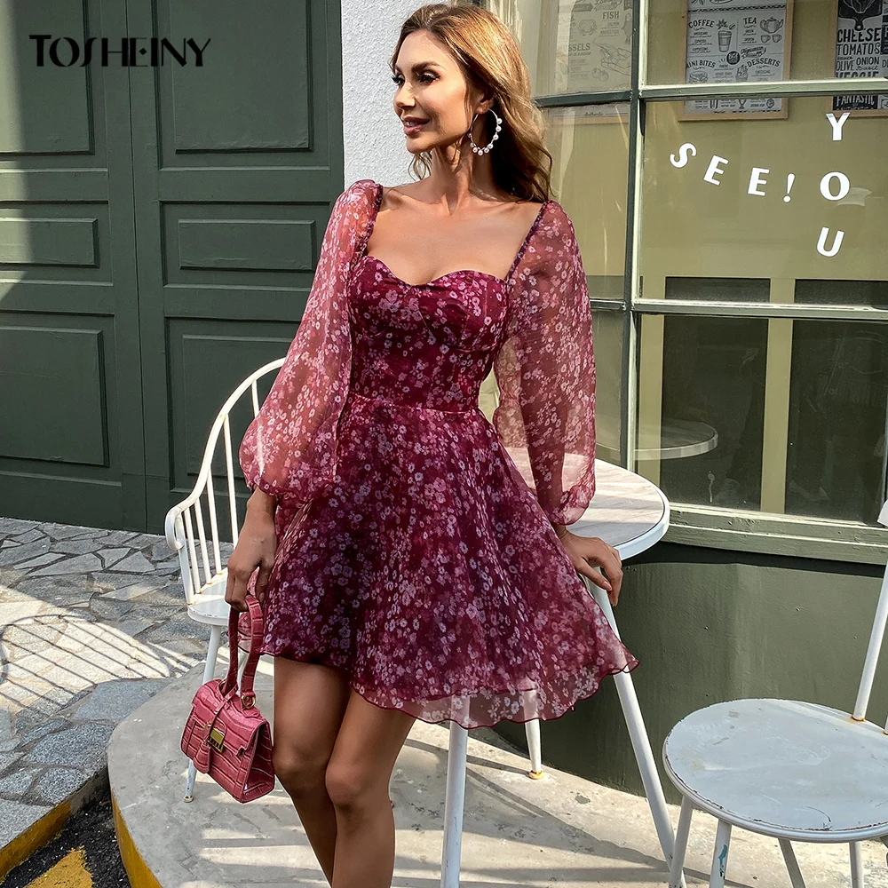 Tosheiny Bohemia A Line Mini Dresses Women Puffles Long Sleeve Floral Print Backless Beachwear Short Party Dress M01196
