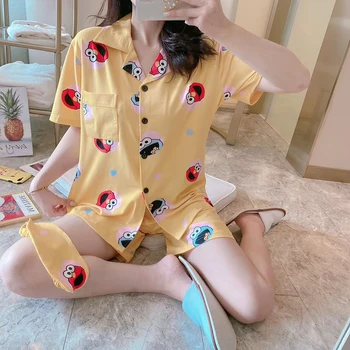 

Cartoon Women Pajamas Set Summer Sleepwear Ladies Short Sleeve Shorts 2Pcs Loungewear Turn-down Collar Casual Homewear S020