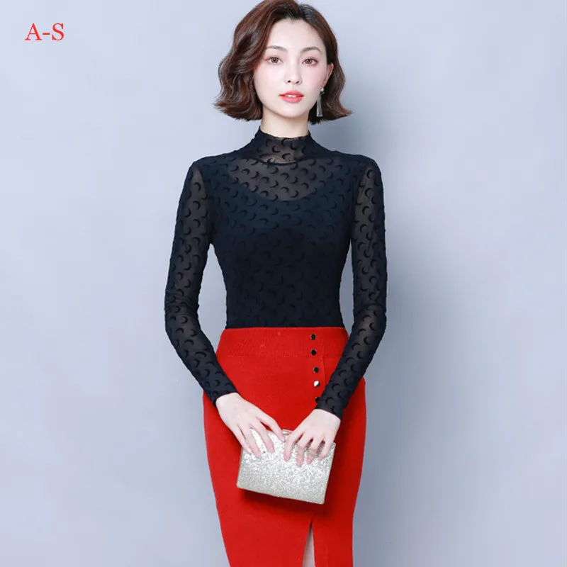

Spring Fall Fashion Women Slim Stretch Dot Moon Printed Turtleneck Mesh Shirt Woman Fleece Warm Office Lady Elastic Shirts