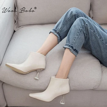 

Genuine Leather Crystal heel Chelsea boots women Small square toe high heel ankle boots 2019 Fashion Autumn/Winter women boots