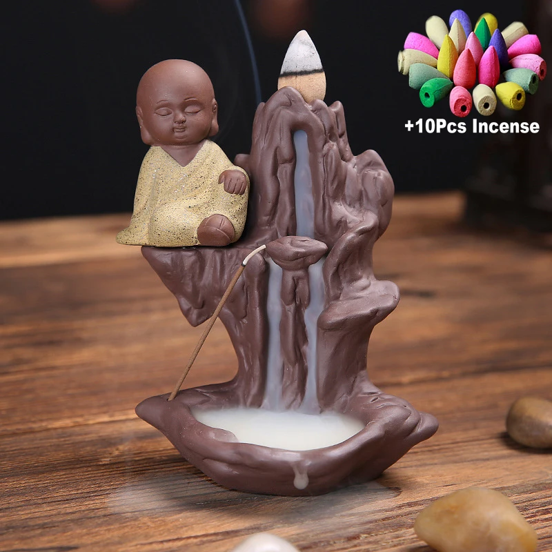 Yellow Q1 and 10Incense Домашний декор горный поток креативный маленький монах пуля+ 10 черных конусов для благовоний или благовоний палочка горелка для дыма керамическая курильница - Цвет: Yellow Q1 and 10Incense