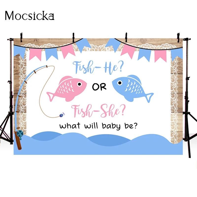 Mocsicka Gender Reveal Photography Background Fishing Rod Sea Wood Board  Decoration Props Baby Shower Photo Backdrop Studio