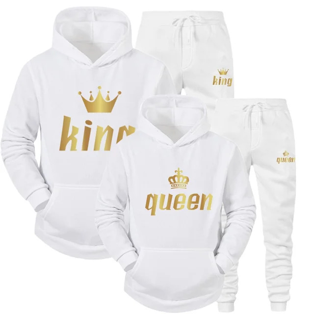 2022 Fashion Couple Sportwear Set KING or QUEEN Printed Lover Hooded Suits Hoodie and Pants 2pcs Set Streetwear Men Women Cloths White King