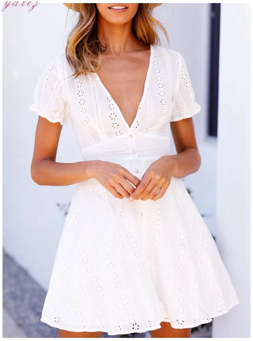 White Mini Dress Button Hollow Out 