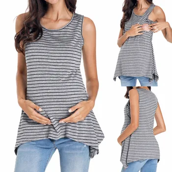 

Nursing Top Women Pregnant Stripe Breastfeeding Sleeveless Clothes Vest Top Blouse Lactancia Casual Clothing For Mothers S-XL
