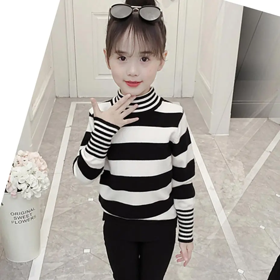 

Children's Turtleneck Striped Pattern Sweatshirts For Girls Patchwork Jumpers For Children Spring Autumn Kids Winter Clothing