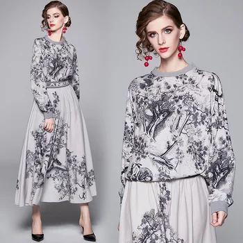 

Fashion Designer Print Two Piece Set Autumn Winter Women Hoodies Round Neck Loose Pullover Sweatshirt + Long Maxi Skirt Set