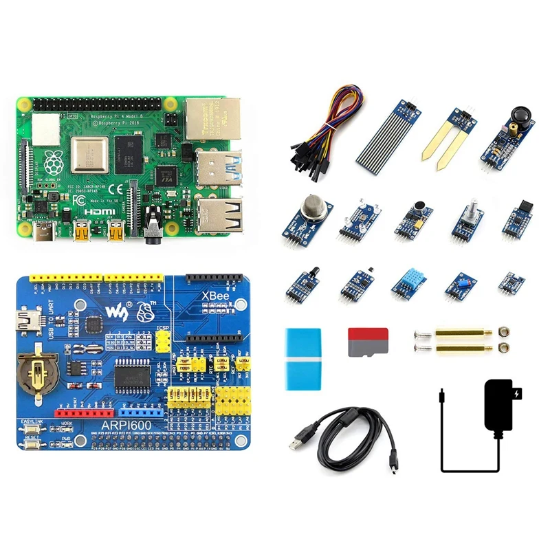  Waveshare for Raspberry Pi 4 Model B Sensor Kit Includes PI4 B-4GB ARPI600 Adapter Board 13X Popula