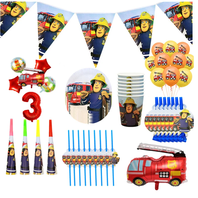 Vaisselle A Theme De Soiree D Anniversaire Du Pompier Sam Banniere Tasse En Papier Assiette Ballon De Camion De Pompier Decor De Fete Prenatale Pour Garcon Aliexpress