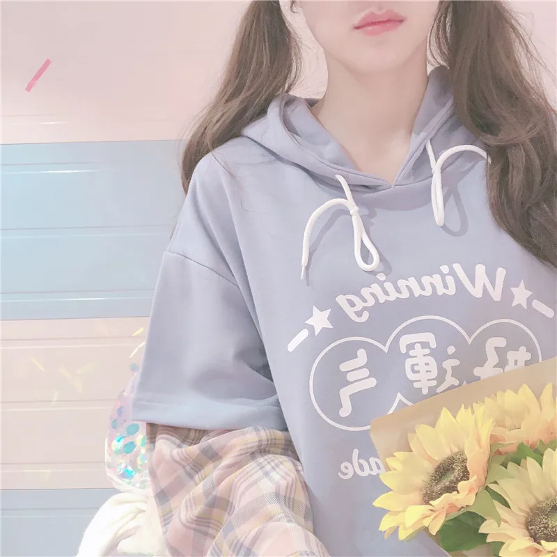 Blue Японские Женские толстовки Харадзюку осень Kawaii милые поддельные из двух частей с капюшоном цвет совпадающий пуловер для девочек студенческий свитер корейский - Цвет: Blue