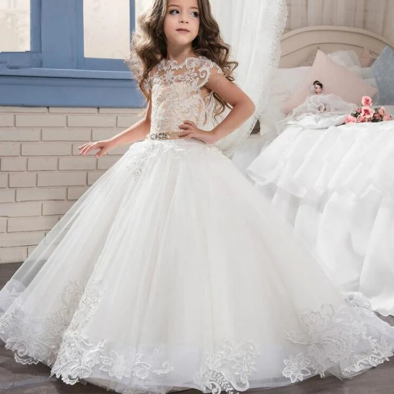 Белое элегантное атласное платье с цветочным узором для девочек; кружевные стразы; платье с цветочным узором для девочек на свадьбу; платья без рукавов для первого причастия - Цвет: Picture style