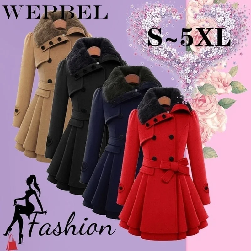 WEPBEL Winter Warm Coats Women Wool Slim Double Breasted Wool Coat Winter Jacket Women Fur Women's Coat Jackets