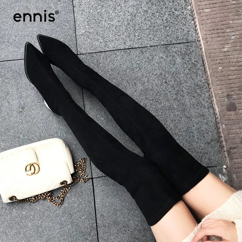 ENNIS/узкие эластичные сапоги до колена из флока; женские сапоги до бедра; сапоги с острым носком на прозрачном каблуке; Черная осенне-зимняя обувь; L928 - Цвет: Pointed Toe