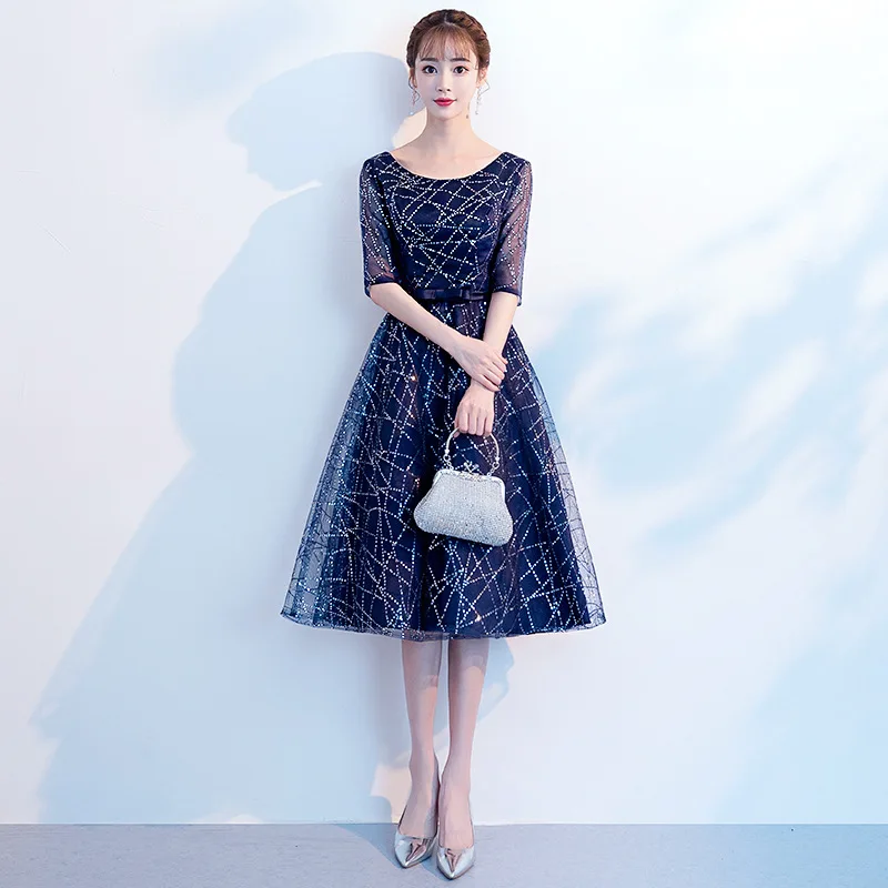 

Navy Blue Women O-Neck Wedding Dress Elegant Knee-Length Cheongsam Qipao Luxury Party Dresses Ball Gown Vestido XS-3XL