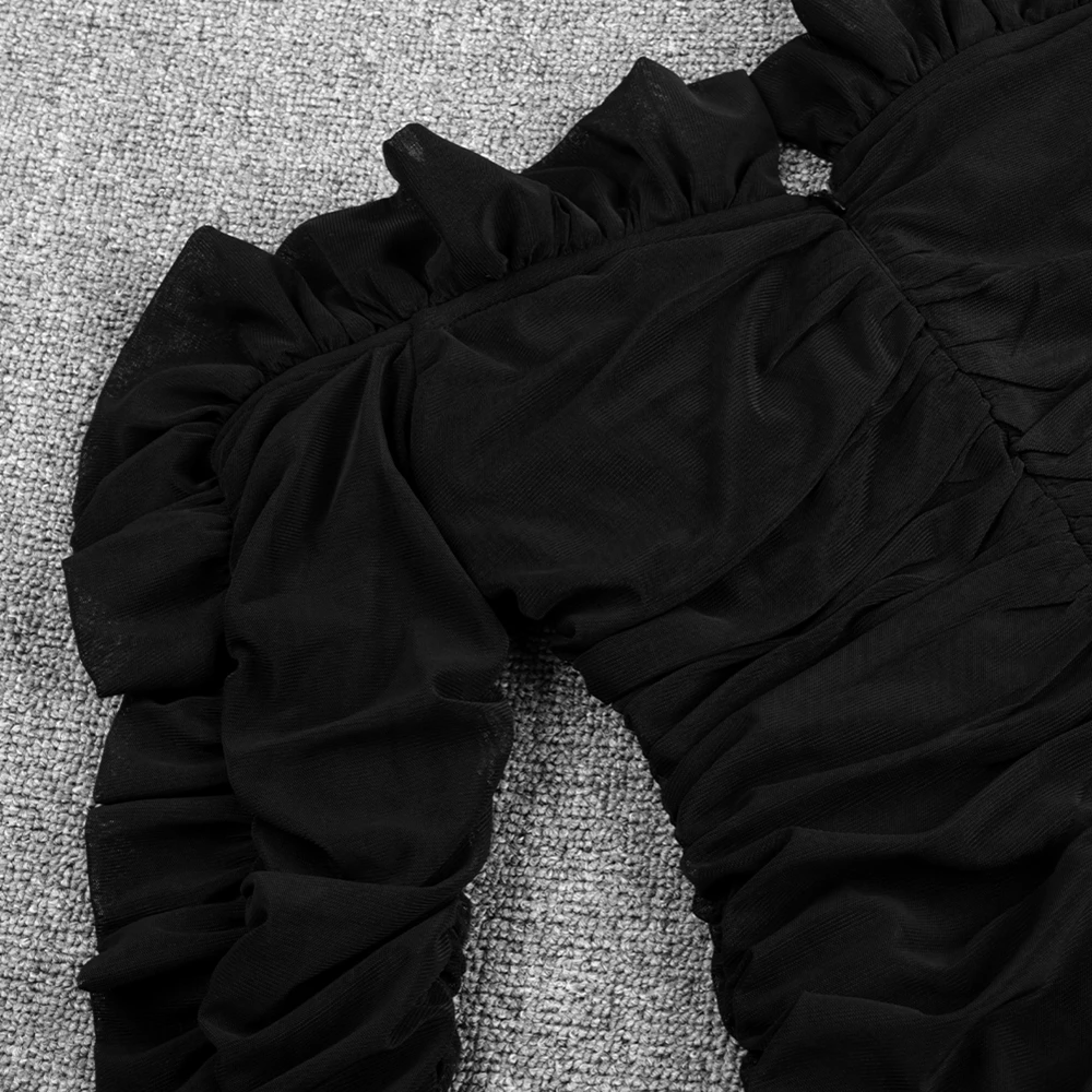 Ocstrade черный с открытыми плечами с длинным рукавом мини-жабо морщин Bodycon платье HI1084-Black