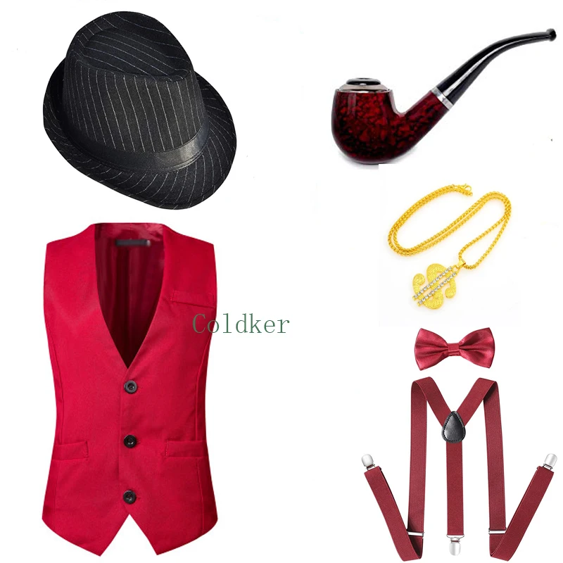 Костюмы для косплея 1920s аксессуары для мужчин Гангстерский жилет Fedora Шляпа предварительно завязанная бабочка джентльмен труба - Цвет: Бургундия