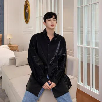 

Men Oversize Long Sleeve Shining Loose Fashion Casual Shirt Cardigan Male Women Streetwear Hip Hop Party Stage Show Shirts