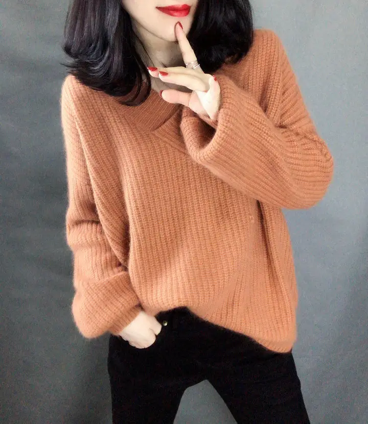 Woherb осенне-зимний женский свитер с v-образным вырезом и длинным рукавом, однотонный пуловер размера плюс, Корейская винтажная модная новинка 91092