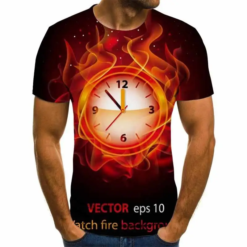 

New 2020 Men's 3D T-shirt flame Alarm clock Printed Cartoon Summer T-shirt Size XXS-6XL