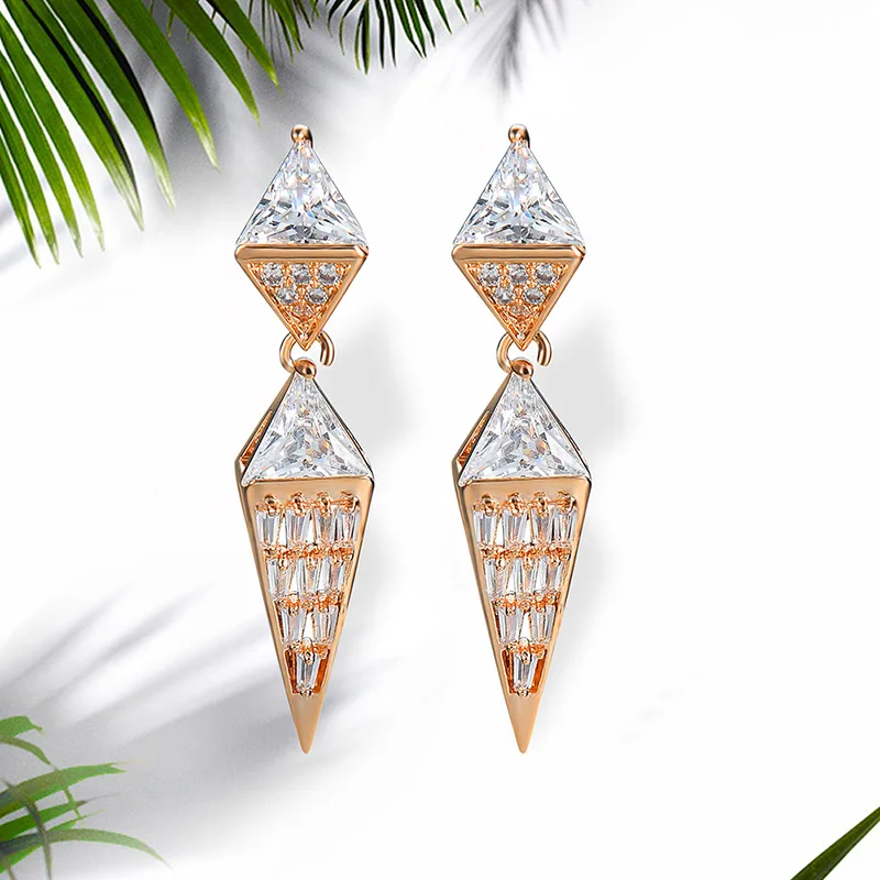 

NJ New Fashion Geometric Tapered Design Hanging Dangle Earring For Woman Chic Drop Earrings Crystal Gold Jewelry For Wedding