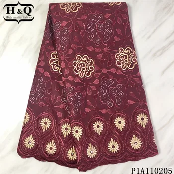 

H&Q red african swiss dry lace fabric high quality embroidery with stones and rhinestones 100% cotton fabrics 5 yards for sewing