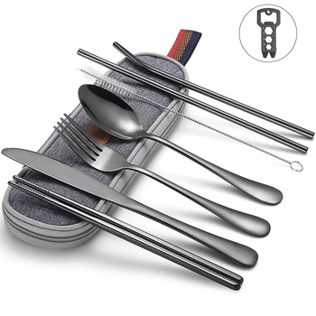 

Sunhanny Dinnerware Set Travel Camping Cutlery Set Reusable Silverware with Metal Straw Spoon Fork Chopsticks and Portable Case