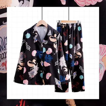 

Summer New Nightwear Sleep Suit Casual Female Satin 2PCS Sleepwear Pajamas Suit Silky Print Intimate Lingerie Home Clothes