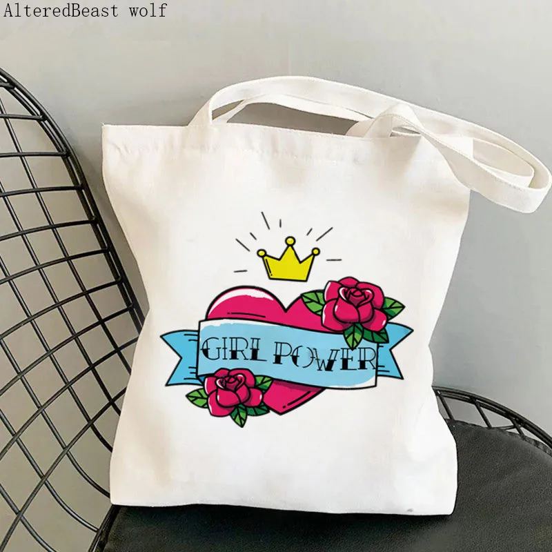 Women Shopper bag feminist flower Girl Power Bag Harajuku Shopping Canvas Shopper Bag girl handbag Tote Shoulder Lady Bag