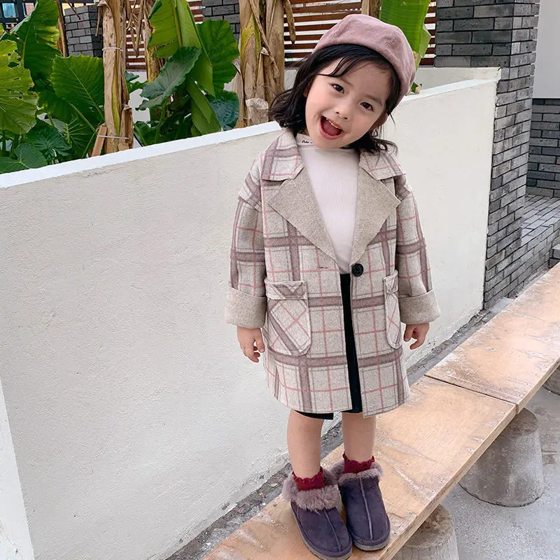 

W South Korea Childrenswear 2019 Autumn And Winter New Products Girls' Shirt Retro Plaid Fold-down Collar Single Breasted Thin D