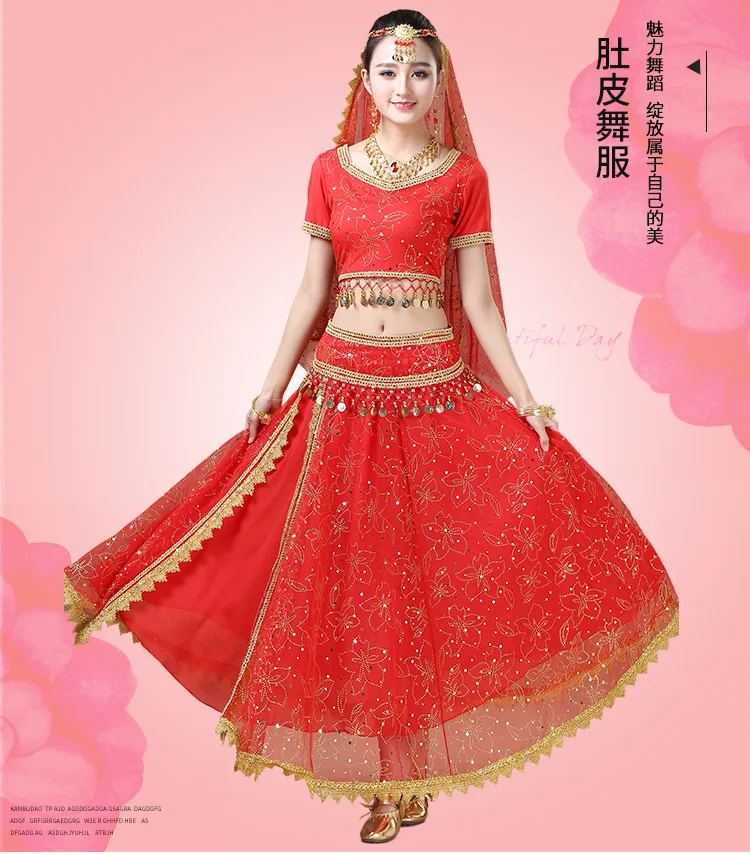 2020 mujeres India danza del vientre conjunto de disfraces Bollywood escenario rendimiento chif�n Top falda cintur�n Bellydance