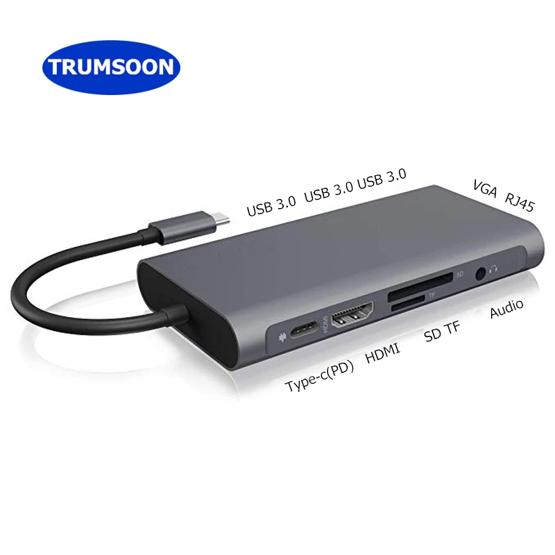 Устройство для чтения карт памяти Trumsoon Type C к RJ45 Gigabit Ethernet HDMI VGA SD TF Кабель USB 3 0 Aux