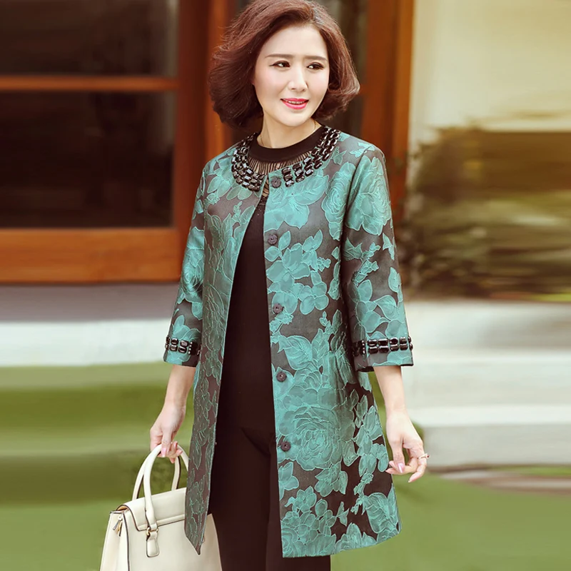 

Spring Fall Vintage Woman Clothes , Womens Green Red Floral Dobby Loose 4xl 5xl Trench Coat , Beading Long Coats for Women