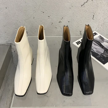 

Winter INS 2020 Luxury Women Beige Block High Heels Ankle Boots Lady Square Toe Chelsea Boots Designer Leather Boots Party Shoes