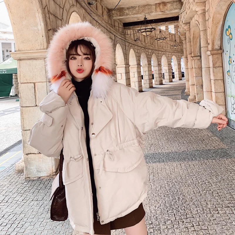 

2018 Winter Style Hooded Short Cotton-padded Clothes Women's Korean-style Fashion Fur Collar Gloves Cuff Raglan Sleeve Waist Hug
