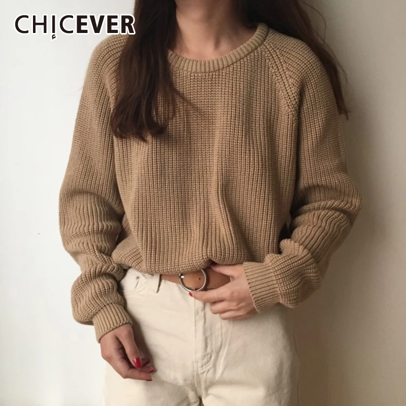 CHICEVER корейский модный Женский вязаный свитер с длинным рукавом однотонный