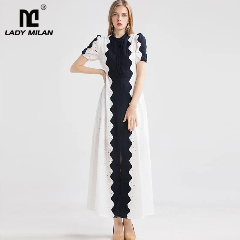 

Lady Milan Women's Runway Dresses O Neck Short Sleeves Hollow Out Color Block Fashion Long Casual Dresses