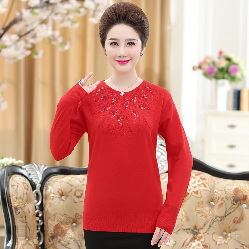 

Spring Clothing New Style Middle-aged Large Size Women's Dress Crew Neck Pullover Sweater Sweater Base Shirt Autumn And Winter M