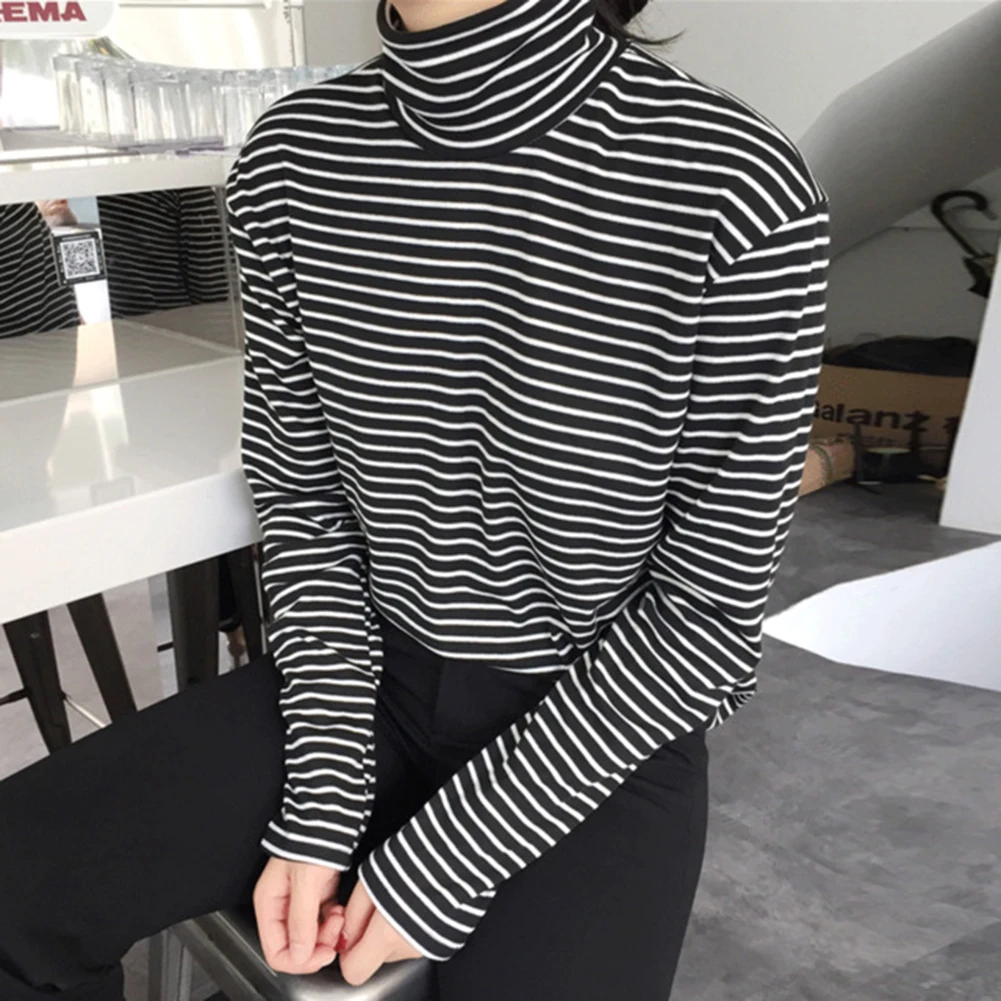 

2019 Autumn New Arrival Women Turtleneck Korean Style T Shirt Harajuku Top Summer Long Sleeved Striped Tops