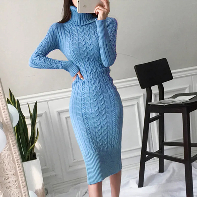 

2019 Fall Winter New Korean Sheath Package hip Turtleneck Long-sleeved Women's Sweater Dress Twist Knitting Pullover Dress