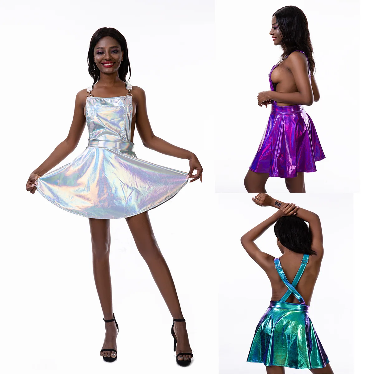 

Fashion sexy Nightclub Thin strap dress holographic laser backless catwalk women clothing Outfit Party Mini Dress